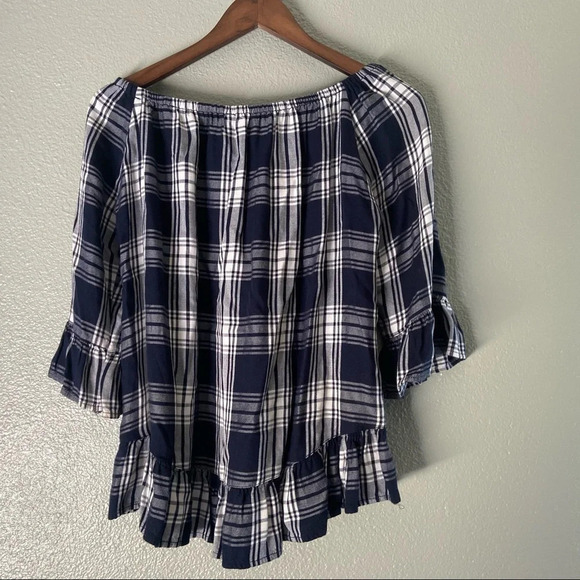 Plaid Tartan Blouse Off the Shoulder Size Medium Fall Spring BEACHLUNCHLOUNGE - Picture 10 of 11
